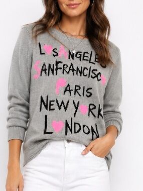 Pretty Rebellious Gray Paris New York London Soft Knit Crew Neck Sweater Large